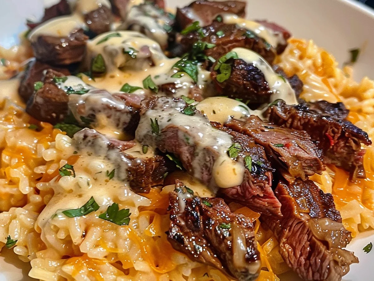 Creamy Queso Rice With Juicy Steak Strips Awaits You!