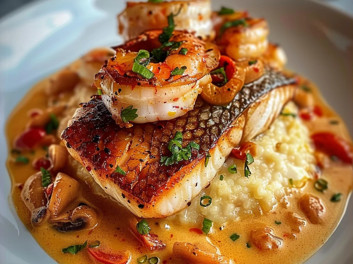 Red Snapper, Shrimp & Grits in Savory Cajun Cream Sauce!