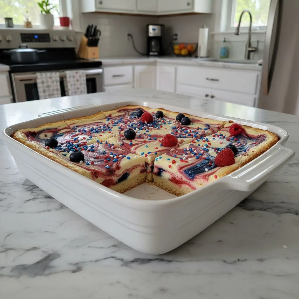 Patriotic Cheesecake Bars: A Berry Swirl Delight 4 Recipe image