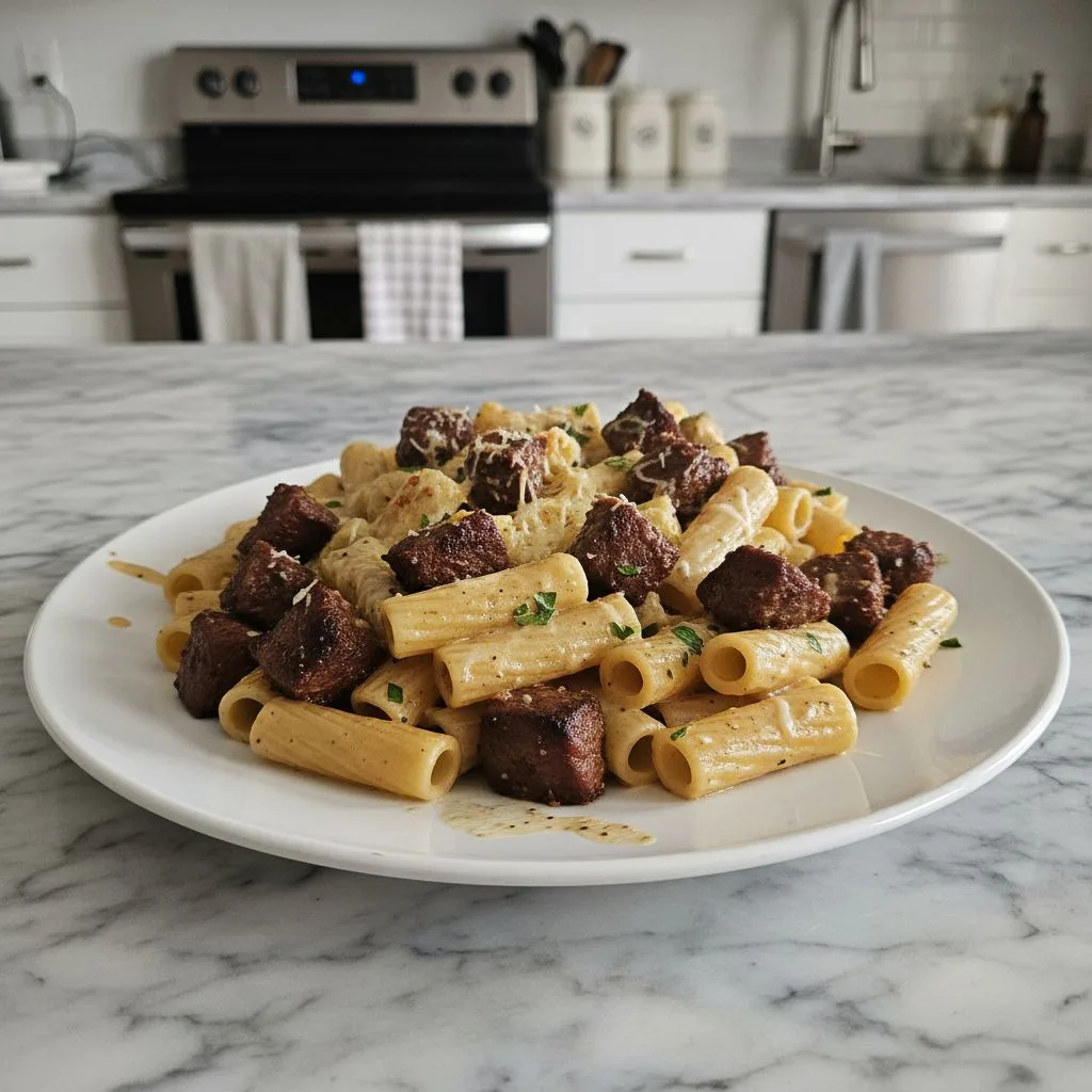 Hearty Cajun Steak Tips in Cheesy Rigatoni Parmesan Sauce 4 Recipe image