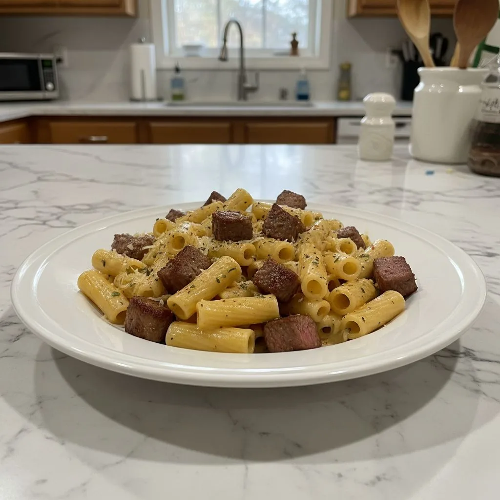 Hearty Cajun Steak Tips in Cheesy Rigatoni Parmesan Sauce 5 Recipe image