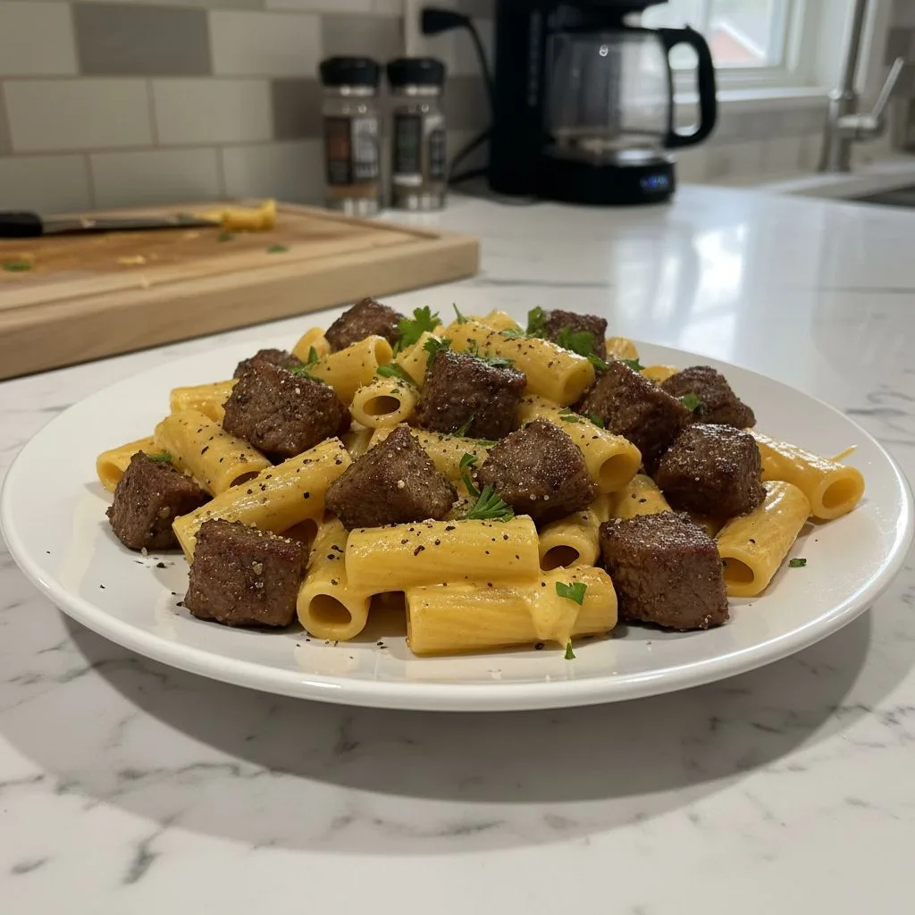 Hearty Cajun Steak Tips in Cheesy Rigatoni Parmesan Sauce