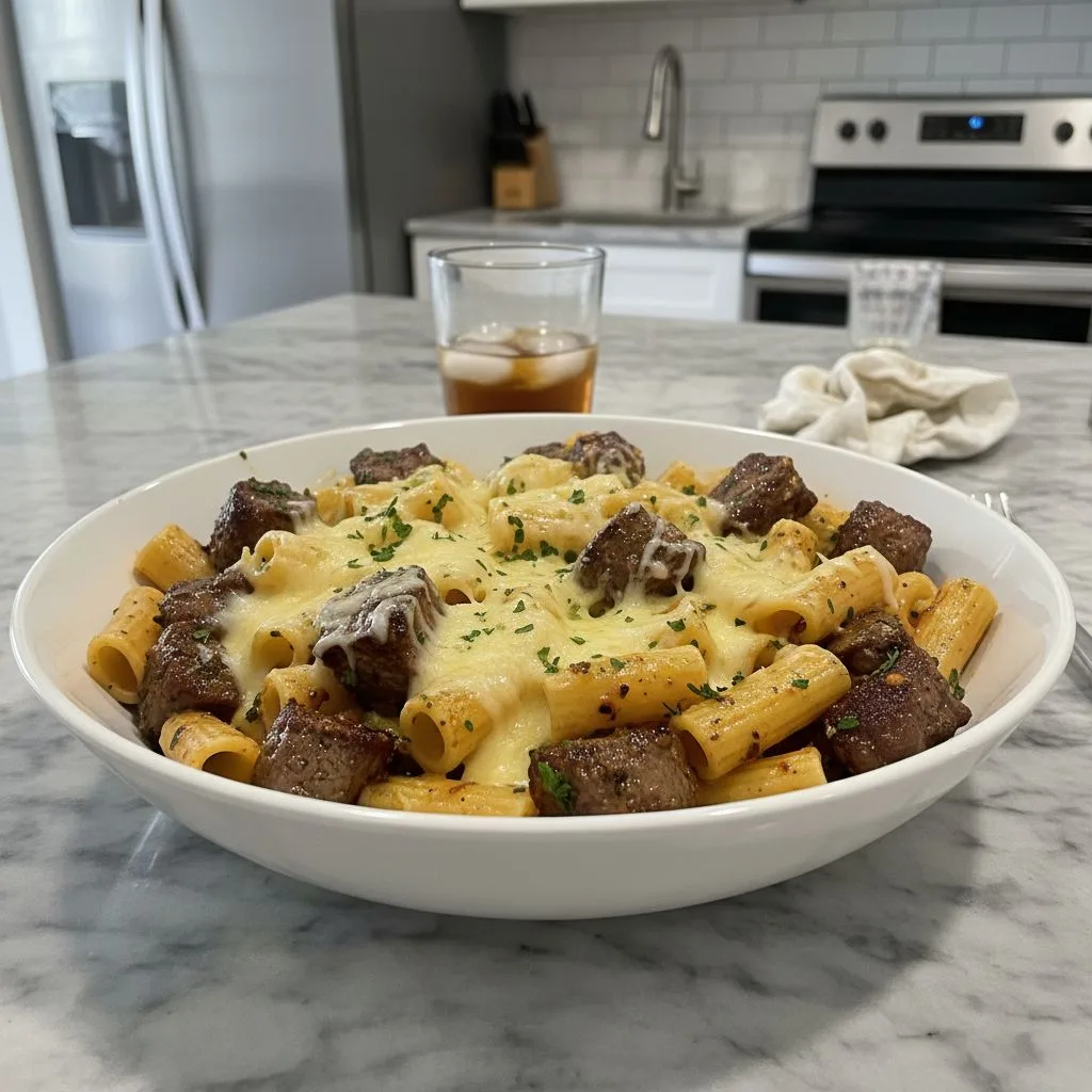 Cajun Steak Tips with Cheesy Rigatoni Parmesan Sauce