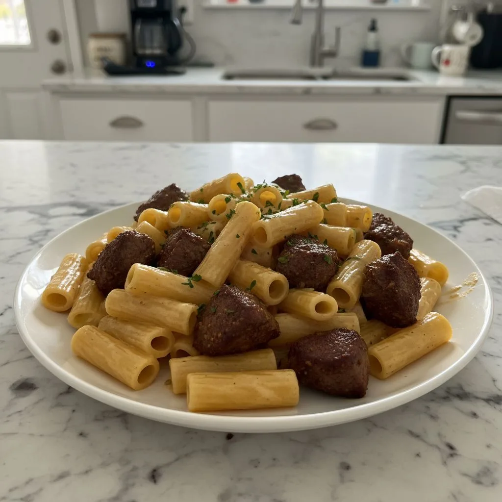 Cajun Steak Tips in Cheesy Rigatoni Parmesan Sauce
