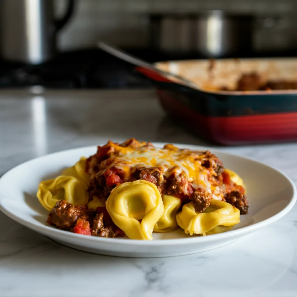Creamy Cheesy Beef Enchilada Tortellini Bake