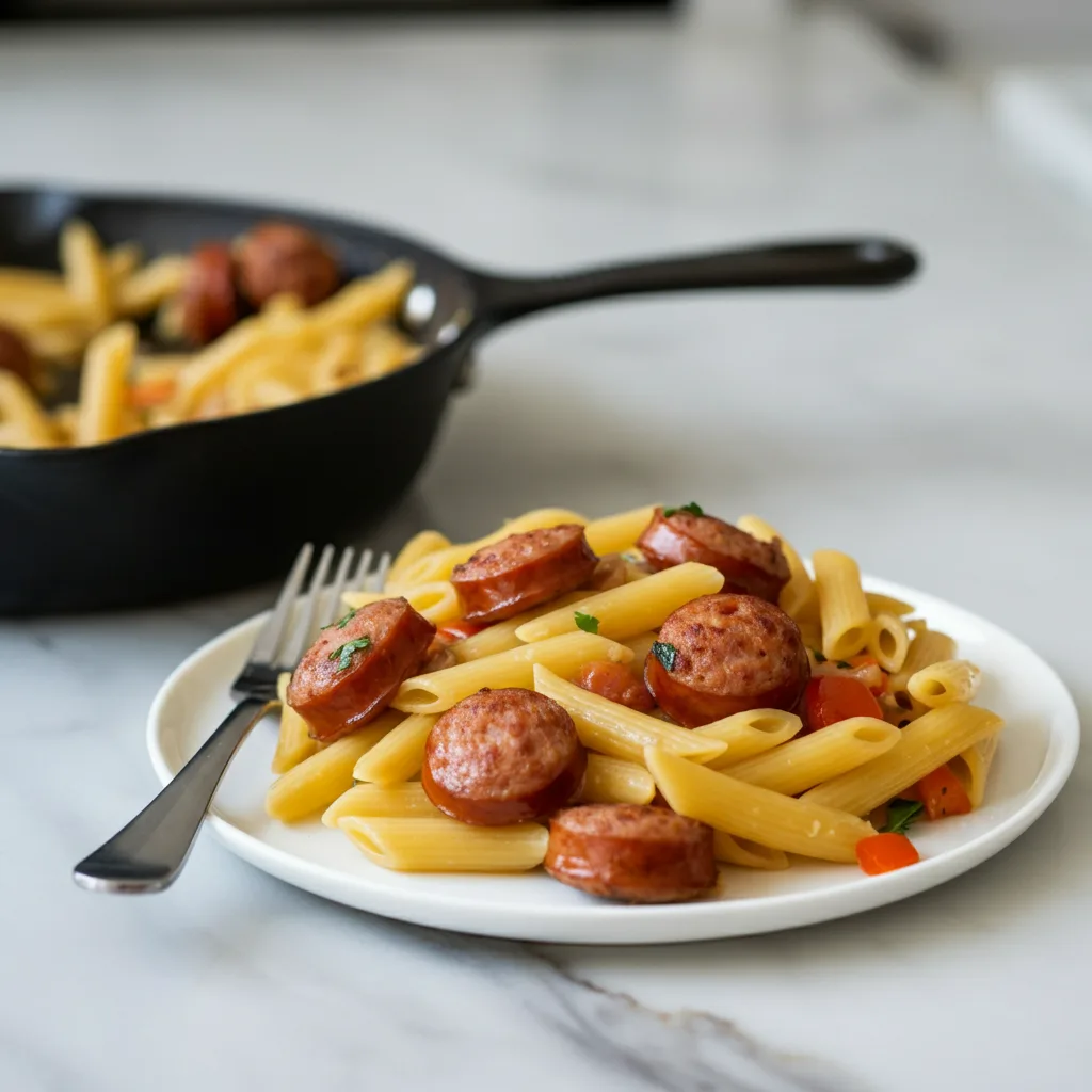 Sticky Honey Garlic Sausage Pasta Skillet, A Speedy Dinner 4 Recipe image