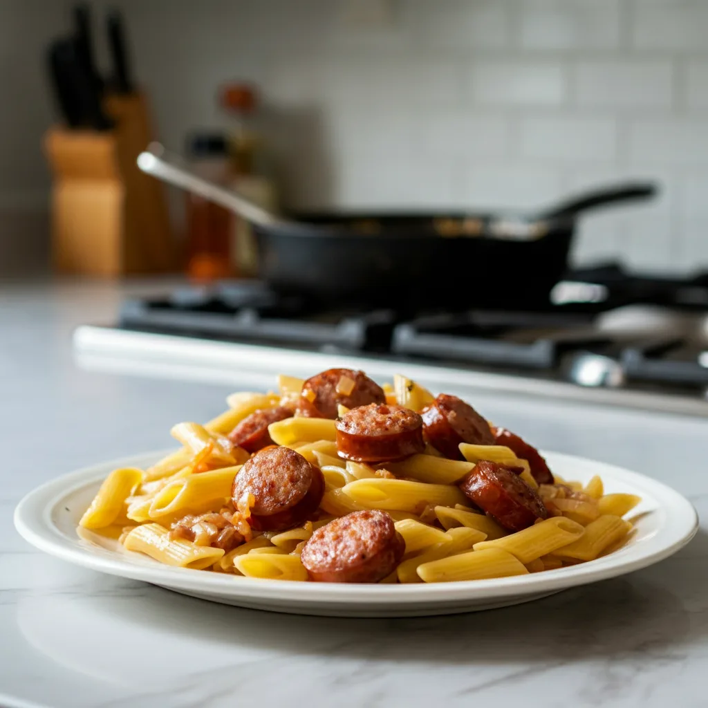 Quick Sticky Honey Garlic Sausage Pasta Skillet 4 Recipe image