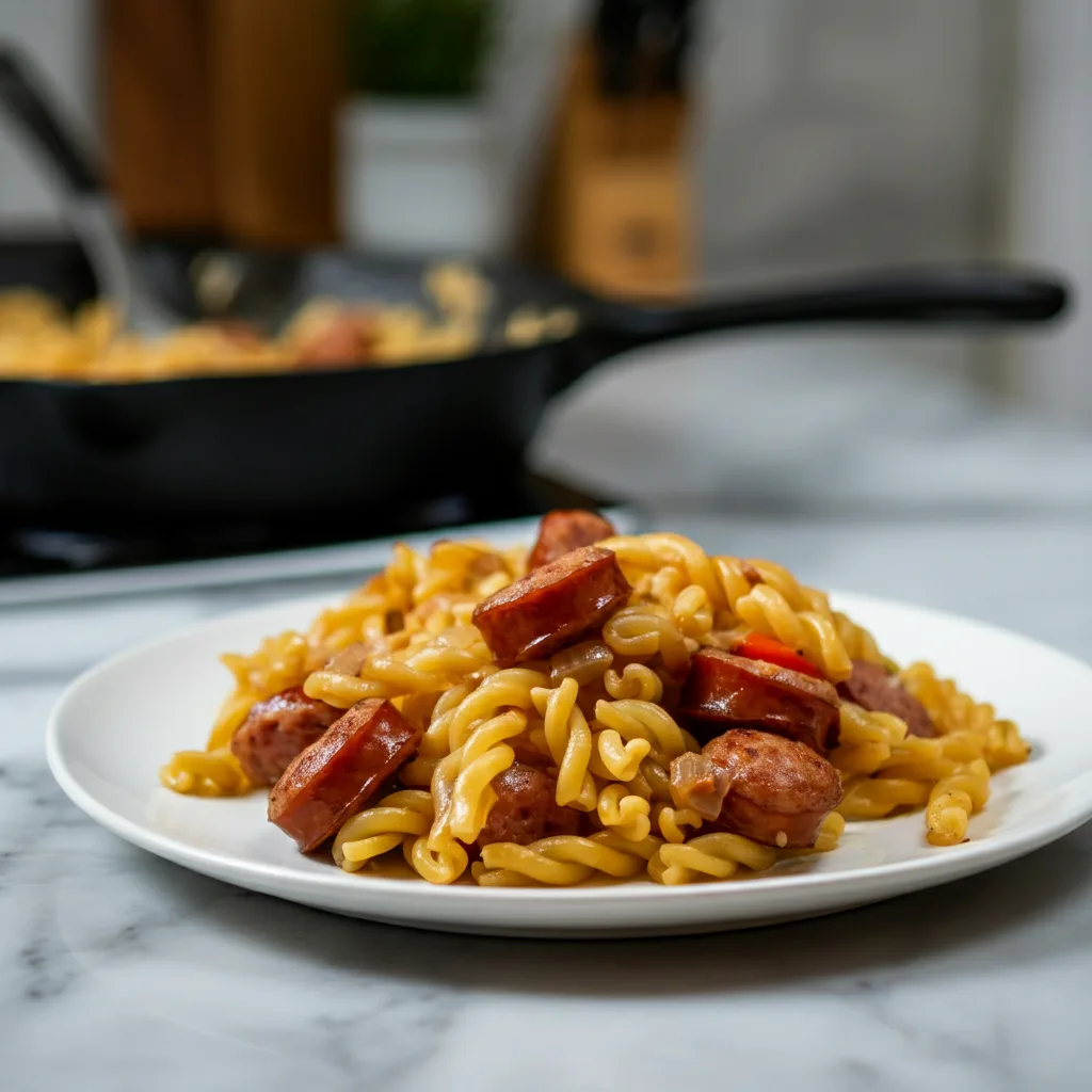 Quick Sticky Honey Garlic Sausage Pasta Skillet 5 Recipe image