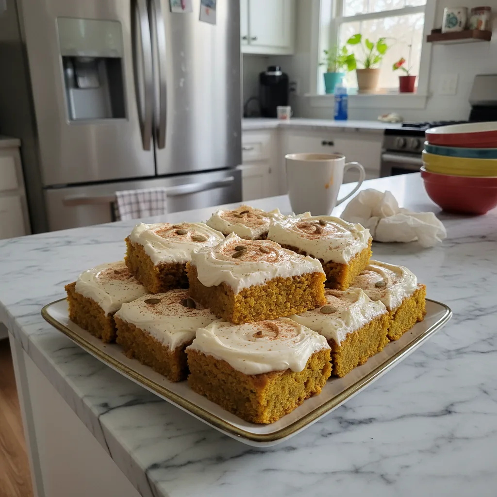 Fluffy Pumpkin Spice Bars with Creamy Vanilla Frosting