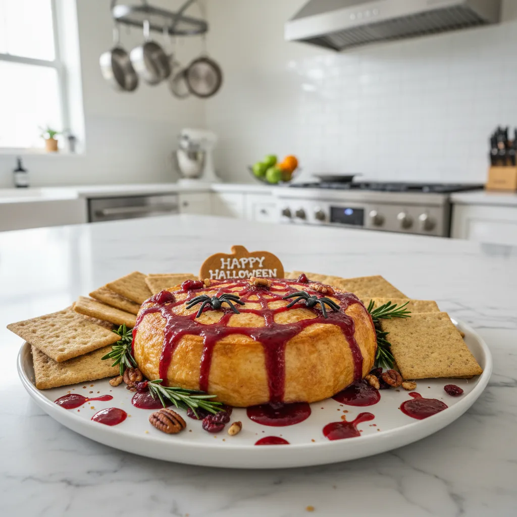 Ghoulish Halloween Bloody Baked Brie with Raspberry Glaze 4 Recipe image