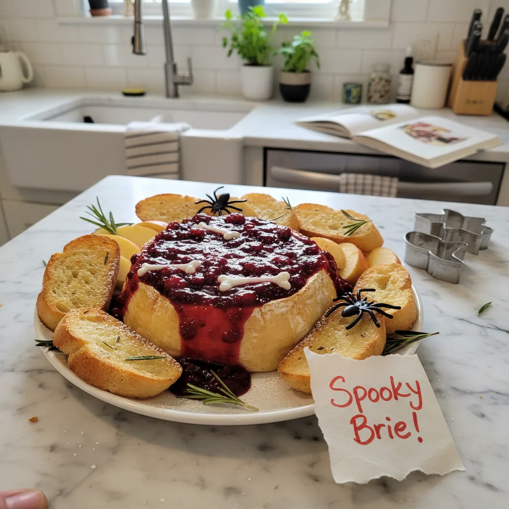 Ghoulish Halloween Bloody Baked Brie with Raspberry Glaze