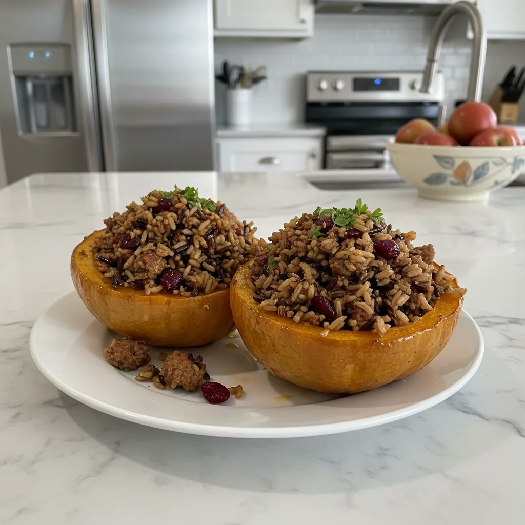 Stuffed Acorn Squash with Wild Rice & Savory Sausage 4 Recipe image