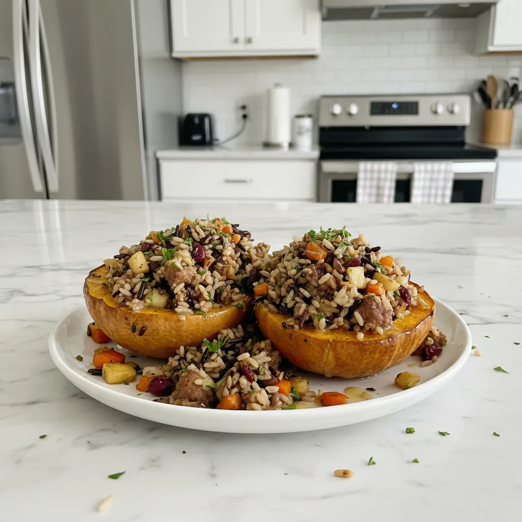 Stuffed Acorn Squash with Wild Rice & Savory Sausage