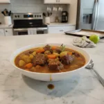 slow cooked beef stew with hearty vegetables featured