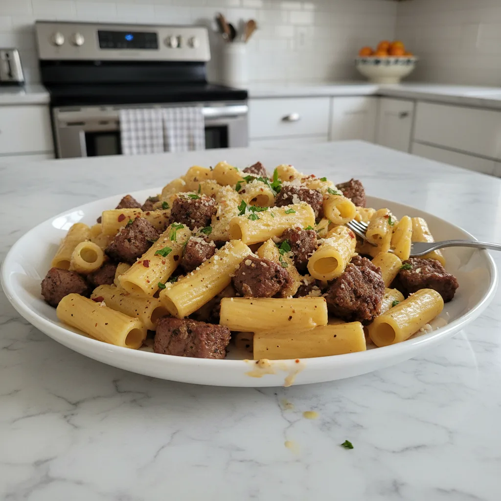 Cajun Steak Tips in Creamy Parmesan Rigatoni
